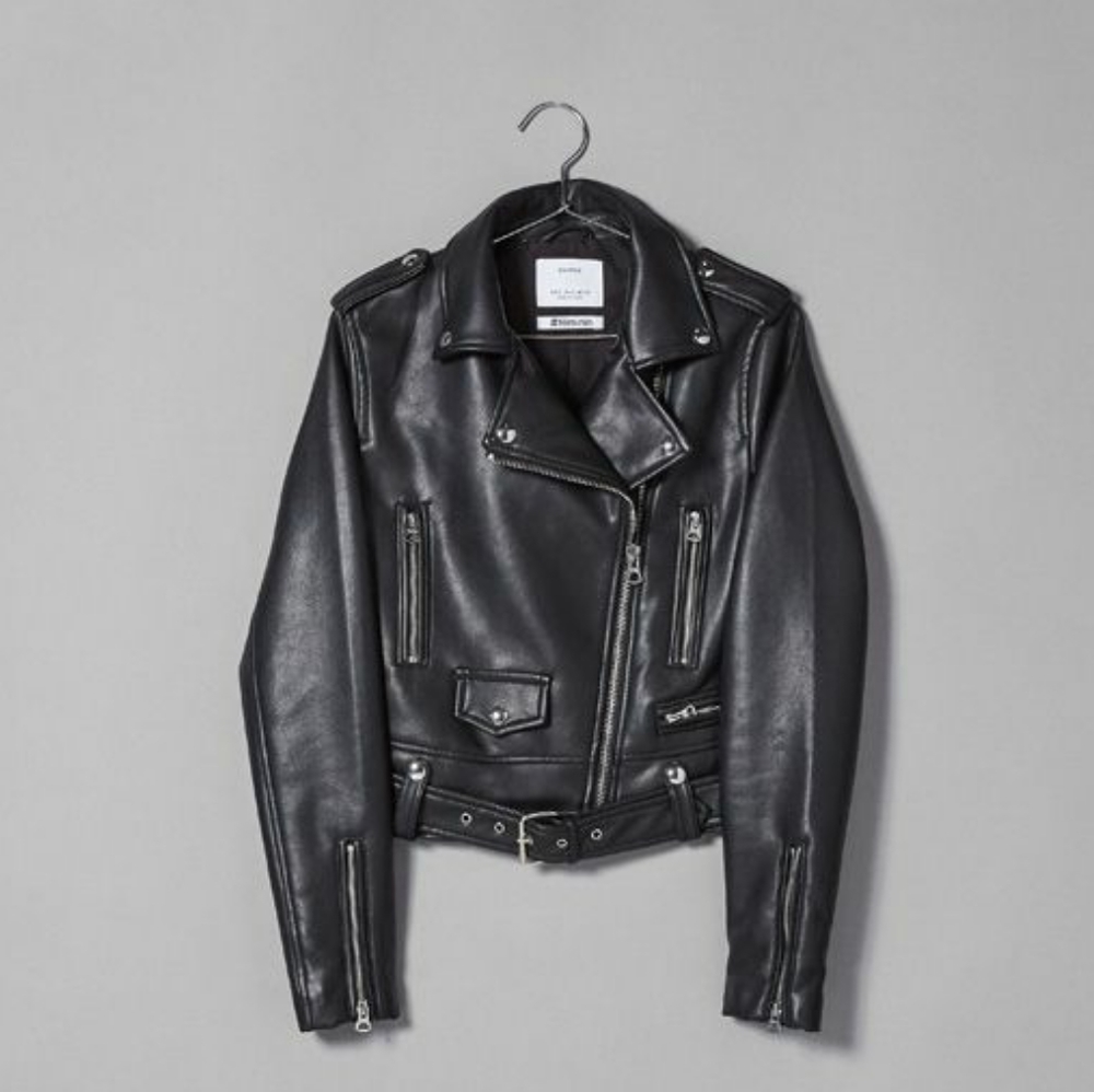 Faux leather cropped biker jacket with belt